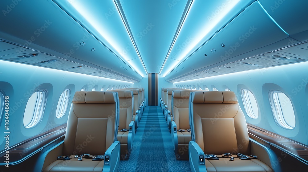 Obraz premium Empty, luxurious private jet cabin with white leather seats.