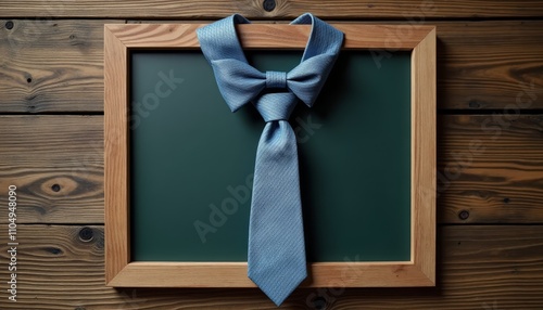 Blue tie on display boardPicture frame with wooden borderBlue fabric hanging from picture frameWooden wall behind picture frame photo