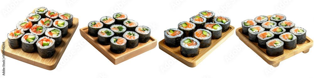Sushi rolls placed on a wooden tray, isolated on a white background. collection set png. Sushi rolls placed on a wooden tray, isolated on a white background. collection set png.