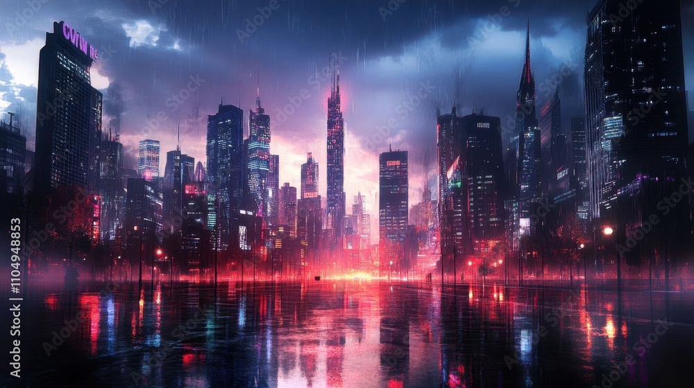 Obraz premium Futuristic Cityscape at Night with Neon Lights and Rain Effects