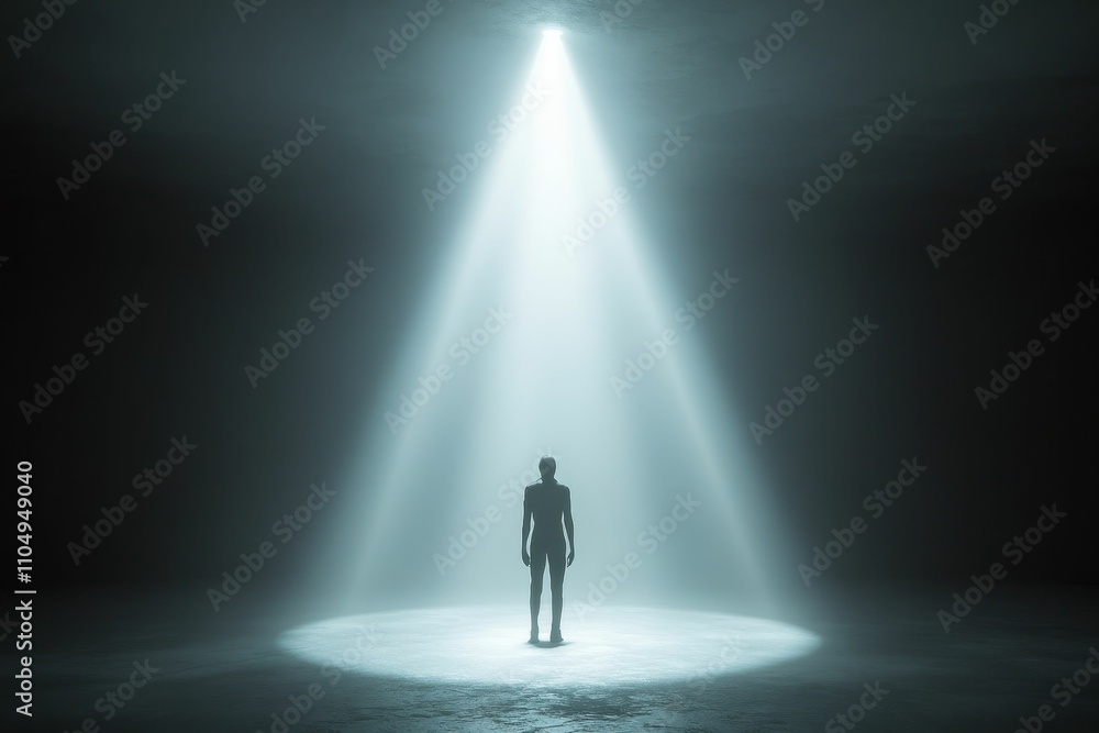 Silhouette stands, illuminated, dark, mysterious, spotlight. Silhouette stands, illuminated, dark, mysterious, spotlight.