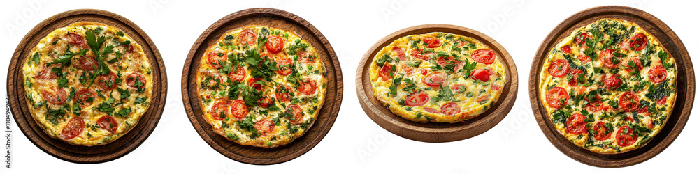 Frittata placed on a wooden tray, isolated on a white background. collection set png. Frittata placed on a wooden tray, isolated on a white background. collection set png.