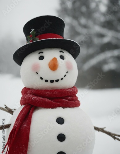 Smiling snowman with red scarf and black top hat in snowy setting photo