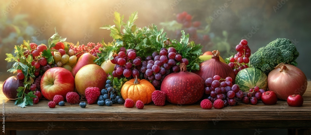 A variety of fresh fruits and vegetables, including apples, grapes, pomegranates, pumpkins, and broccoli, are displayed on a wooden table, creating a vibrant and colorful still life. A variety of fresh fruits and vegetables, including apples, grapes, pomegranates, pumpkins, and broccoli, are displayed on a wooden table, creating a vibrant and colorful still life.