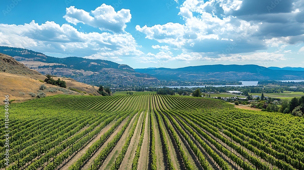 Picturesque view of a vineyard on a sunny day with rows of grapevines and distant hills Picturesque view of a vineyard on a sunny day with rows of grapevines and distant hills