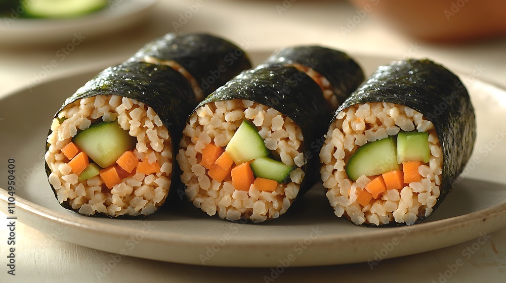 Four vegetarian sushi rolls with carrots and cucumber on a plate. Four vegetarian sushi rolls with carrots and cucumber on a plate.