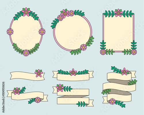 꽃 테두리 라벨 일러스트 벡터 세트