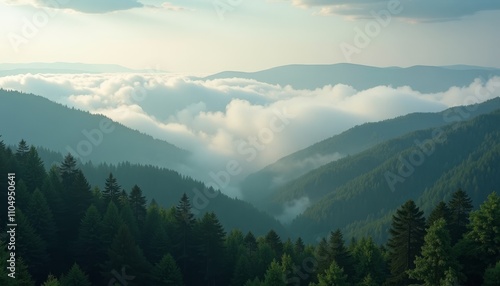 Misty mountain range with trees in foreground