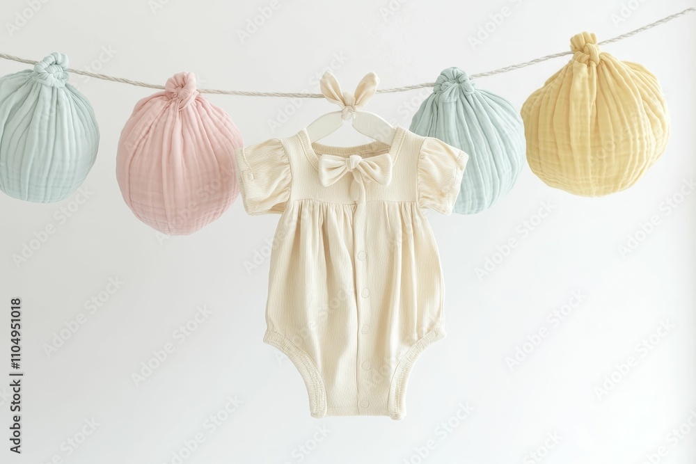 Infant outfit hangs between pastel fabric balls. Infant outfit hangs between pastel fabric balls.