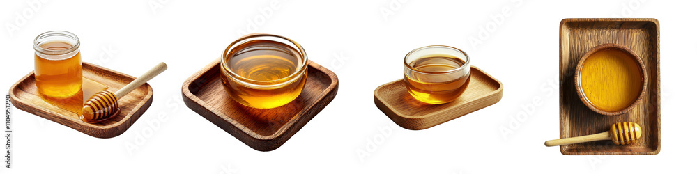 Honey placed on a wooden tray, isolated on a white background. collection set png. Honey placed on a wooden tray, isolated on a white background. collection set png.