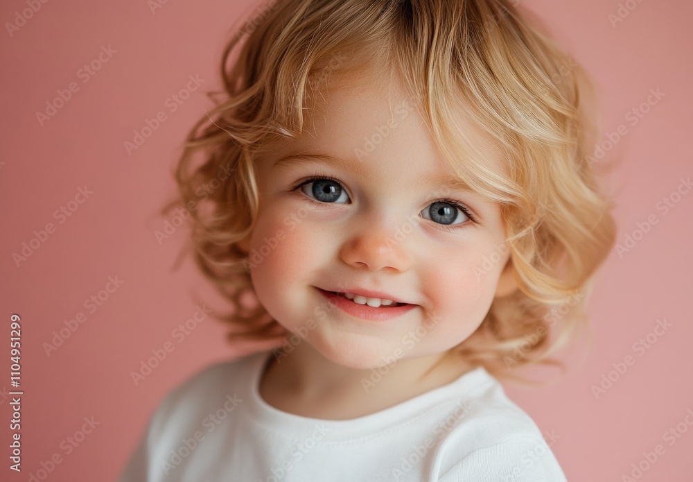 A young girl with blonde hair and blue eyes smiles warmly, standing against a soft pink background. Her joyful expression and the pastel setting create a cheerful and inviting portrait. A young girl with blonde hair and blue eyes smiles warmly, standing against a soft pink background. Her joyful expression and the pastel setting create a cheerful and inviting portrait.