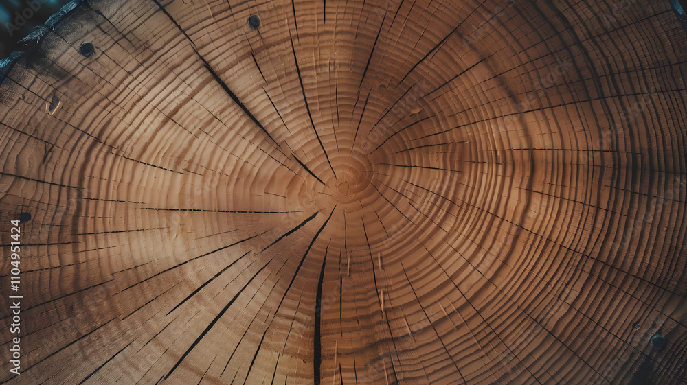 Fototapeta premium Close-up view of the cut surface of an Ipe tree log, highlighting fine growth rings, rich brown tones, and the dense grain texture of this durable exotic hardwood. 