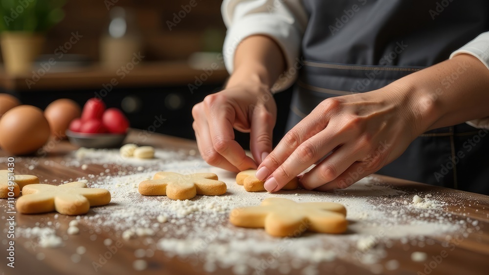 Person Making Christmas Cookies, Close-Up Of Hands. Homemade Baking Person Making Christmas Cookies, Close-Up Of Hands. Homemade Baking