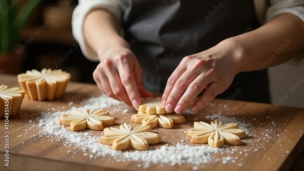 Person Making Christmas Cookies, Close-Up Of Hands. Homemade Baking Person Making Christmas Cookies, Close-Up Of Hands. Homemade Baking