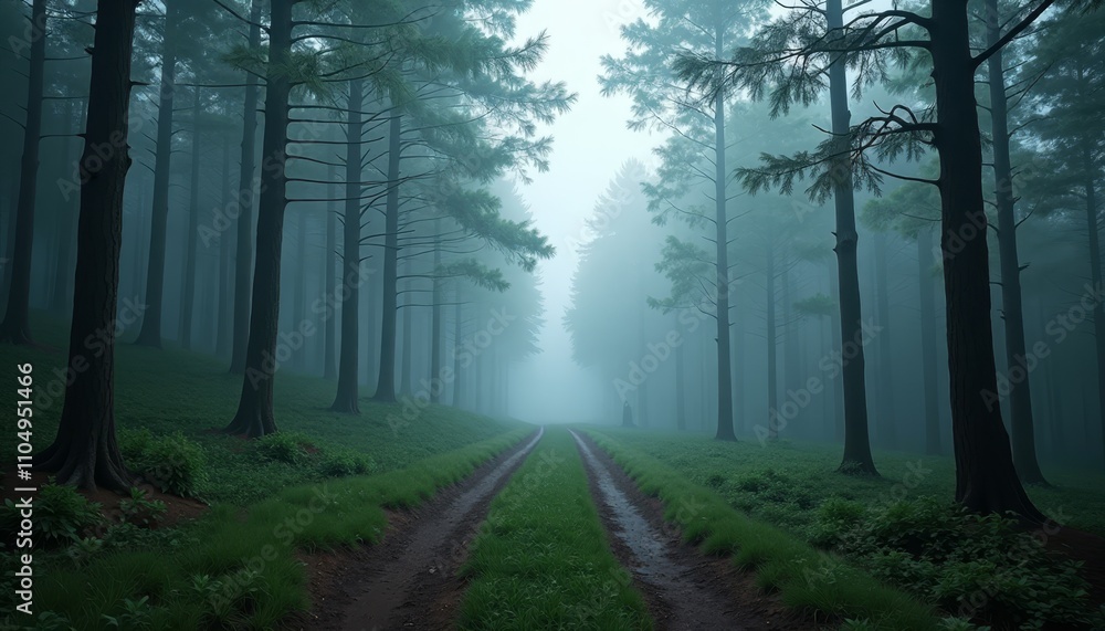 Naklejka premium Dark forest path on a foggy day