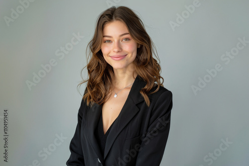 Her black attire, set against a white background, showcases a respectful and poised style ideal for formal settings.