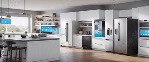 smart home filled with various connected devices and appliances AI, such as smart refrigerators, coffee makers, and ovens, all communicating with each other to simplify everyday tasks and enhance