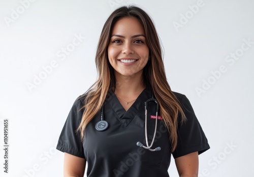 A young female doctor in a white lab coat and stethoscope stands confidently, her warm smile and professional look conveying approachability and trust.