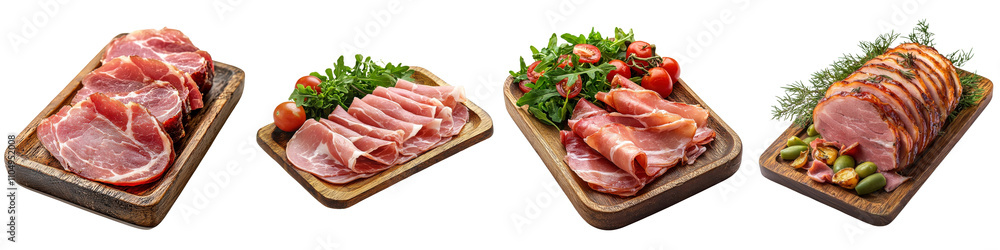 Ham placed on a wooden tray, isolated on a white background. collection set png. Ham placed on a wooden tray, isolated on a white background. collection set png.