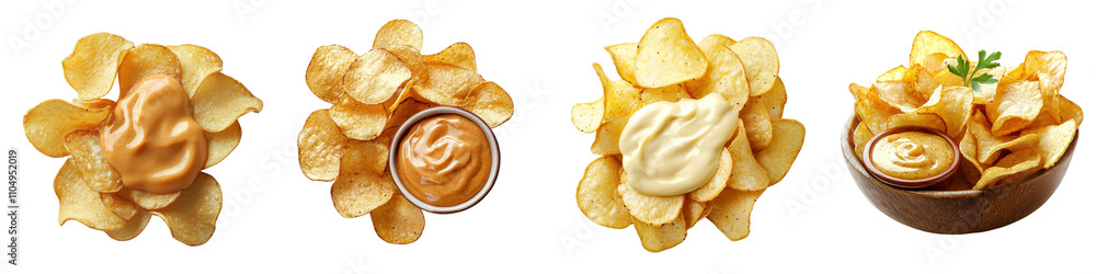 Potato chips with sauce spreading, isolated on a white background. collection set png. Potato chips with sauce spreading, isolated on a white background. collection set png.