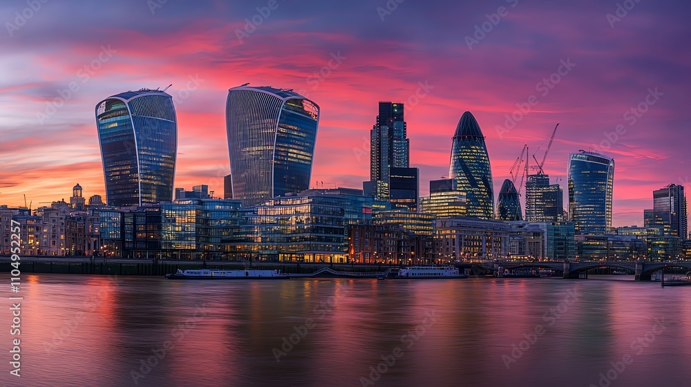 Fototapeta premium A view of the London skyline at dusk, showcasing the River Thames and modern buildings.