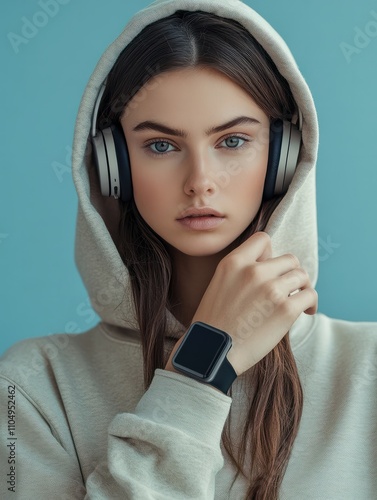 Serious active woman leads sporty lifestyle looks at wearable fitness wristwatch device listens music via headphones dressed in comfortable hoodie poses against burred background. Workout electronics photo