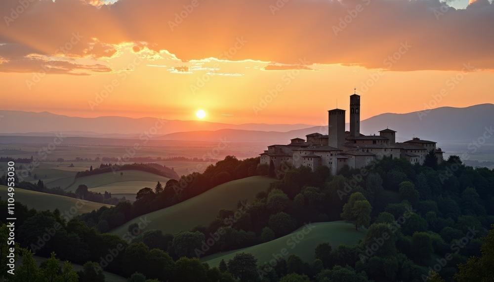 Sunset over castle-topped hill Sunset over castle-topped hill
