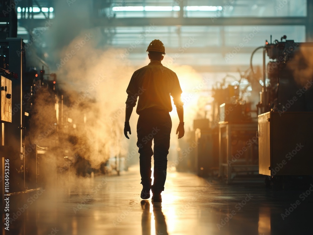 Fototapeta premium Worker walking in a factory at sunset.
