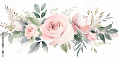 Fototapeta Naklejka Na Ścianę i Meble -  Delicate Watercolor Roses and Greenery Floral Arrangement