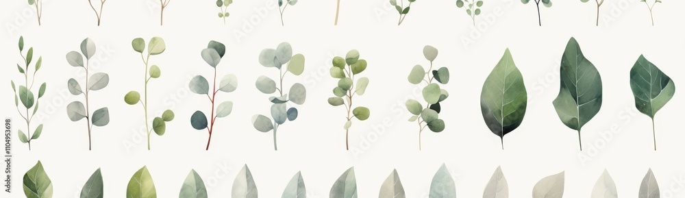 Obraz premium Watercolor Collection of Green Botanical Leaves and Branches