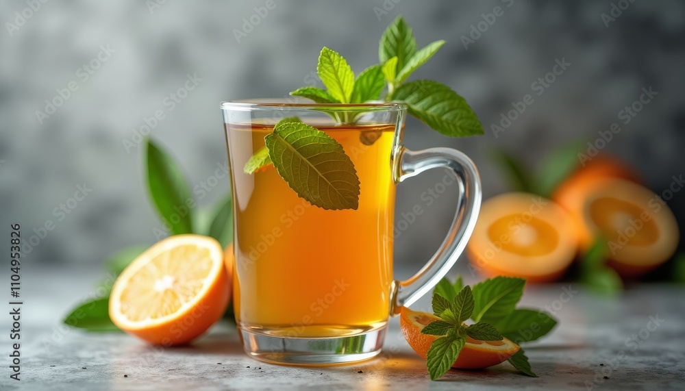 Fototapeta premium Fresh orange slice with mint leaf for garnish