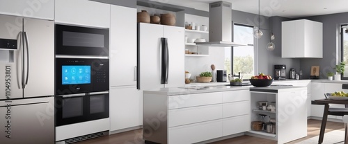 smart home filled with various connected devices and appliances AI, such as smart refrigerators, coffee makers, and ovens, all communicating with each other to simplify everyday tasks and enhance