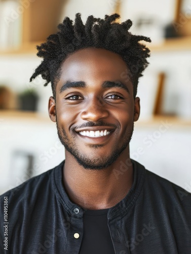 Smiling cheerful young adult african american ethnicity man looking at camera standing at home office background. Happy confident black guy posing for headshot face front close up portrait.