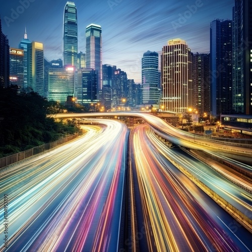 City skyline with bustling traffic trails, dynamic urban traffic, streaks of light
