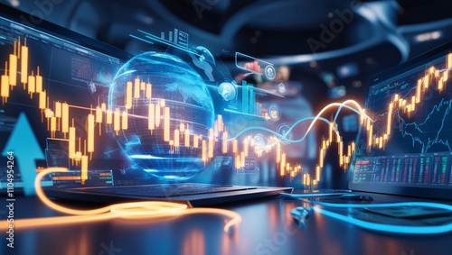 A dynamic image of a financial trading platform in a futuristic setting, with glowing charts, graphs, and a flowing data stream. The focus should be on the innovation and success of online trading