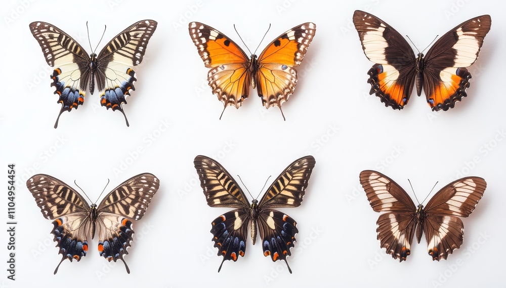 Fototapeta premium Six Colorful Butterflies Arranged Symmetrically on White