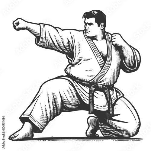 martial artist in a karate gi, showing strength, focus, and discipline in a powerful pose sketch engraving generative ai vector illustration. Scratch board imitation. Black and white image.