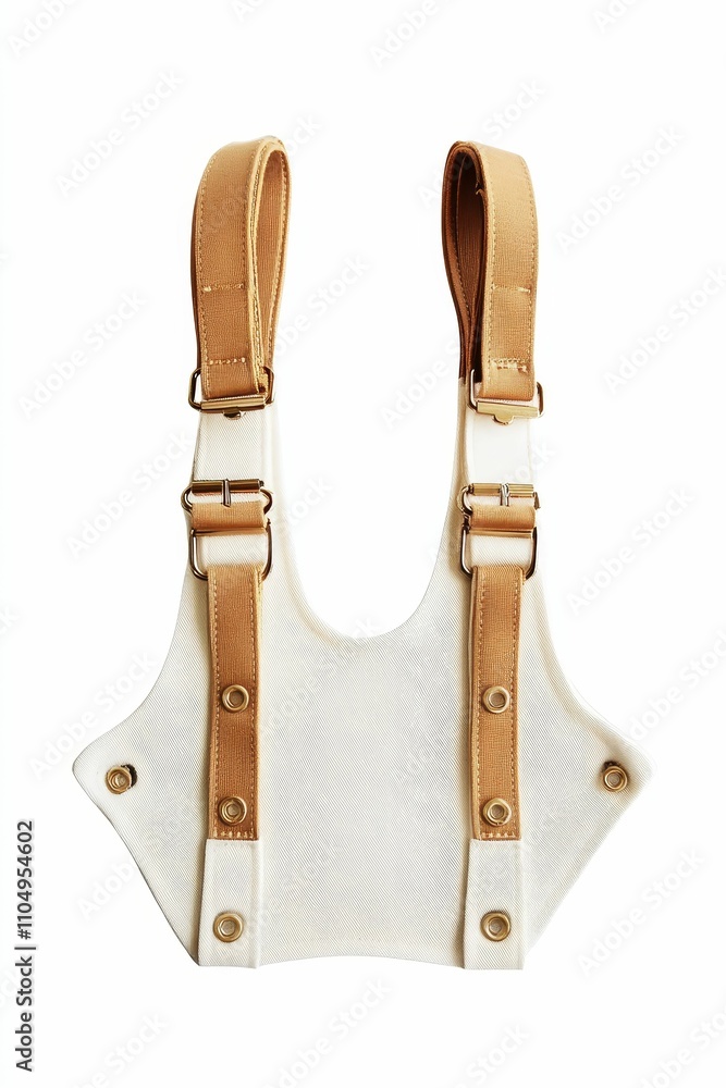 Off-white garment, tan straps, metallic buckles. Off-white garment, tan straps, metallic buckles.