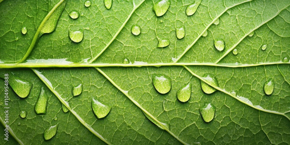 Fototapeta premium Beads of water glistening Bright leaf A detailed macr