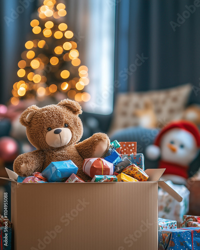 Box filled with unwanted toys and gifts prepared for disposal. photo