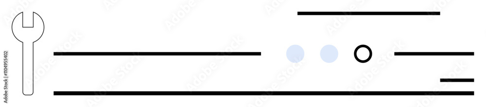 Wrench icon followed by various horizontal lines of differing lengths and thicknesses, two small blue dots, and a black circle. Ideal for engineering, adjustment processes, mechanics, workflow Wrench icon followed by various horizontal lines of differing lengths and thicknesses, two small blue dots, and a black circle. Ideal for engineering, adjustment processes, mechanics, workflow