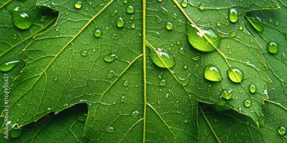 Fototapeta premium Beads of water glistening Sharp-edged leaf A detailed
