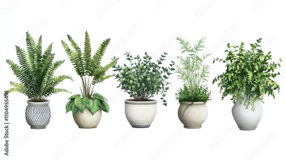Five potted plants display a variety of greenery Five potted plants display a variety of greenery