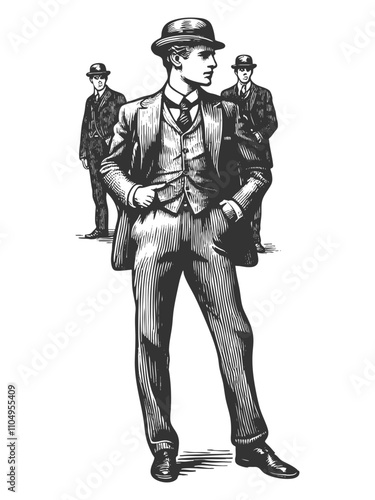 stylish gentleman in three-piece suit and bowler hat, accompanied by two similarly dressed figures in the background sketch engraving generative ai vector illustration. Scratch board. Black and white