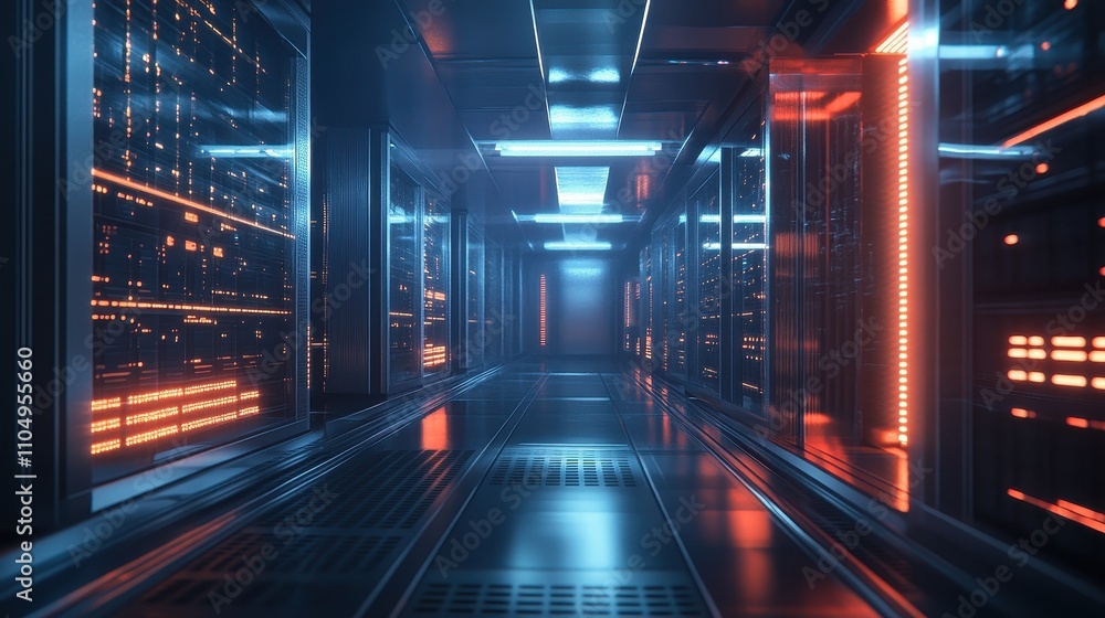 Illuminated Server Room Corridor Modern Data Center Technology Illuminated Server Room Corridor Modern Data Center Technology