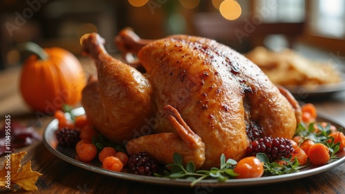 Beautifully roasted turkey is presented on rustic wooden table, adorned with vibrant autumn vegetables and decorative pumpkins, creating warm atmosphere for festive gathering Thanksgiving day concept