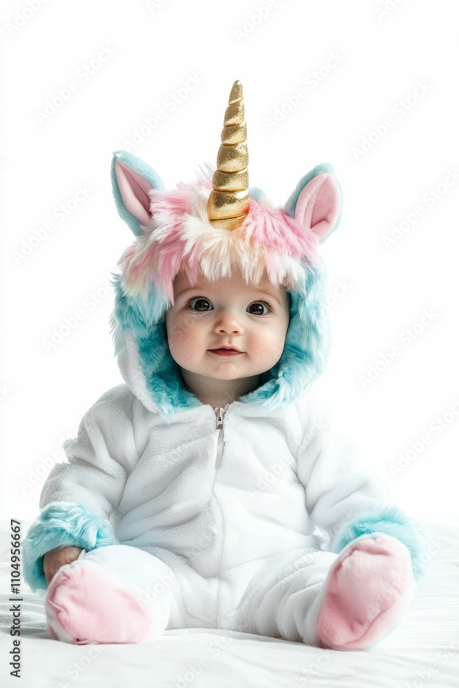 Infant in pastel unicorn costume, seated. Infant in pastel unicorn costume, seated.