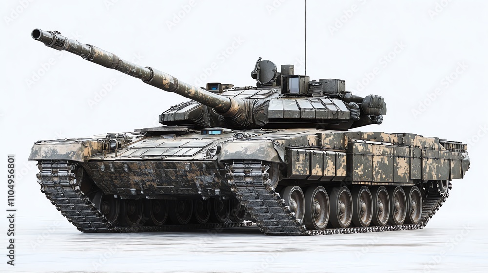 A military tank with camouflage paint, parked on a white background. A military tank with camouflage paint, parked on a white background.