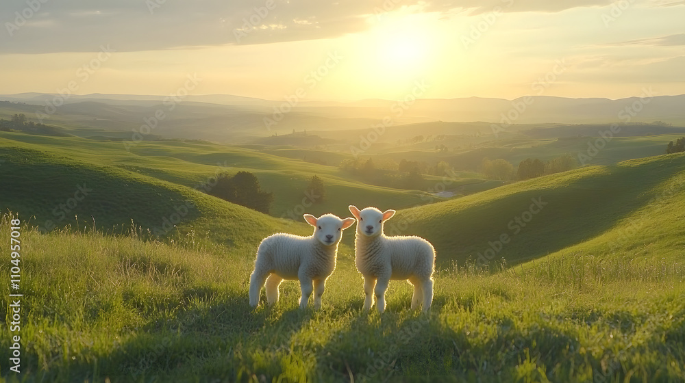 Two baby lambs grazing on the side of rolling green hills under a soft, golden sunset, capturing a peaceful countryside scene with natural beauty and innocence.
Two baby lambs grazing on the side of rolling green hills under a soft, golden sunset, capturing a peaceful countryside scene with natural beauty and innocence.