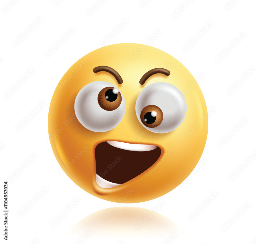 Fototapeta premium Crazy emoji clipart 3d character. Emoji face in goofy, silly, naughty, joking, fun, happy and insane facial expression yellow round graphic element. Vector illustration crazy emoticon clip art. 
